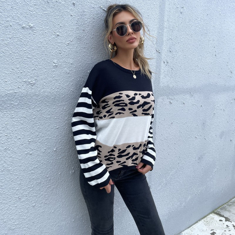 Damen Pullover mit Streifen Ärmeln und Tiermuster