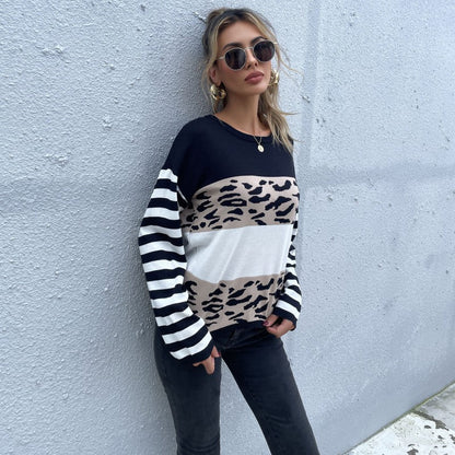 Damen Pullover mit Streifen Ärmeln und Tiermuster
