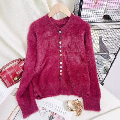 Damen Strickjacke Flauschig Bunt Geschnitten Eveloria
