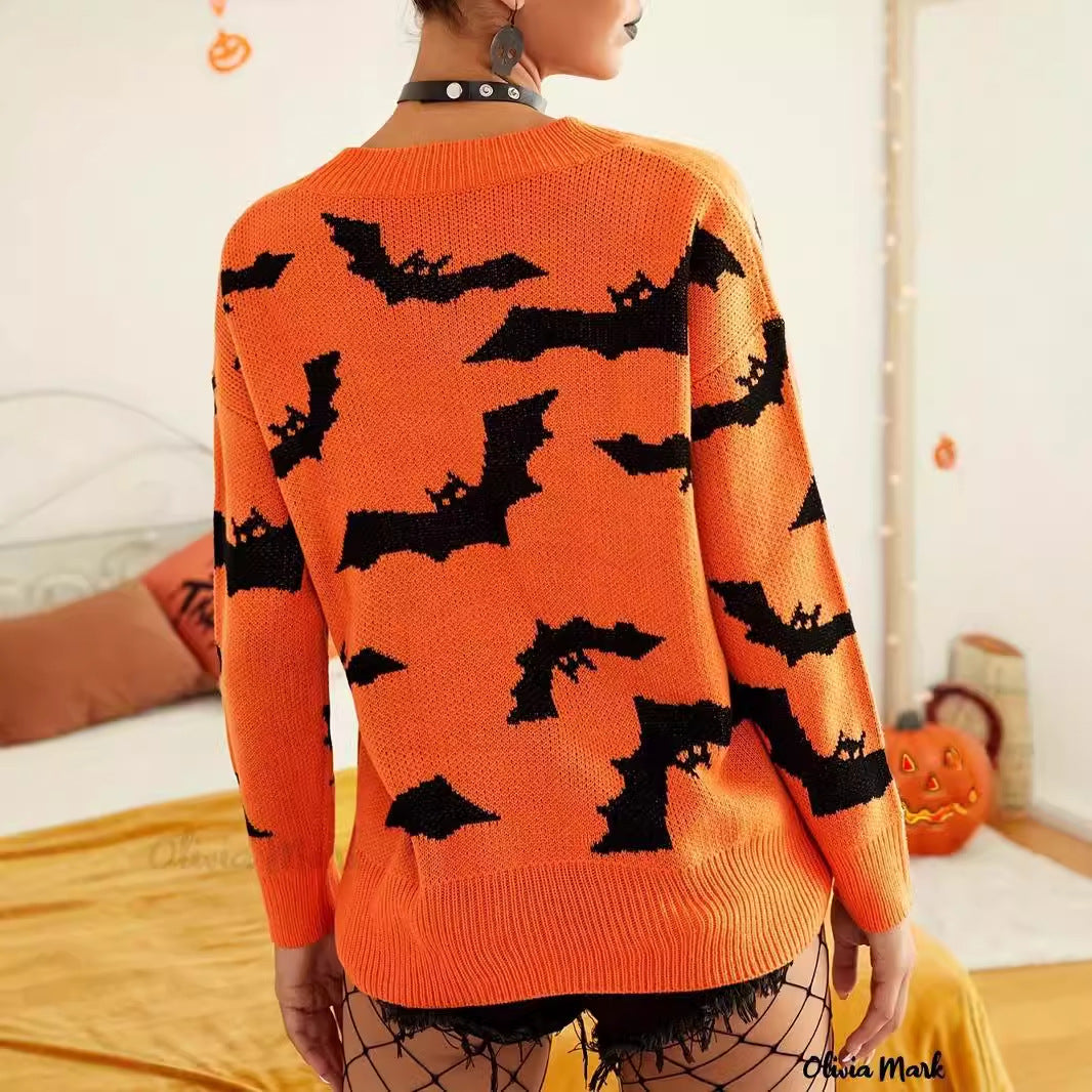 Damen Halloween Pullover Fledermaus Muster Eveloria
