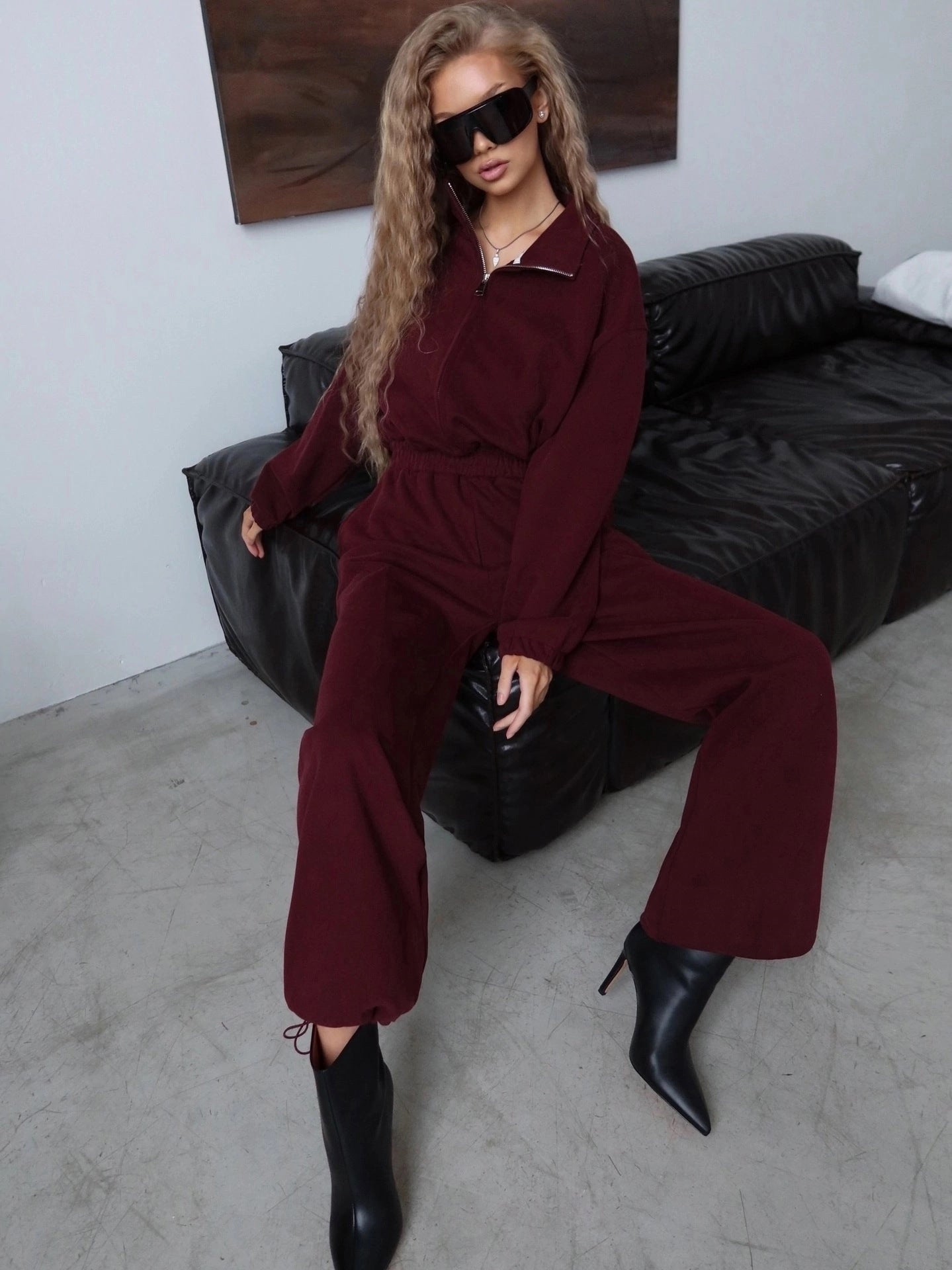 Damen Sportliches Loungewear-Set Stehkragen Weite Hose Eveloria