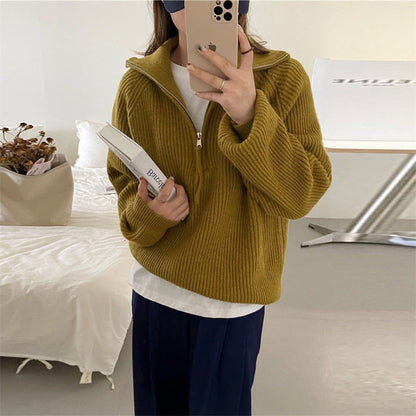 Damen Grobstrickpullover Reißverschluss Hoher Kragen Eveloria