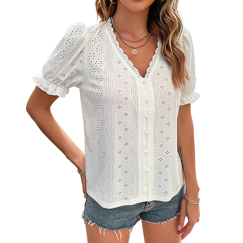 Damen Bluse Rüschendetails Spitze Weiß