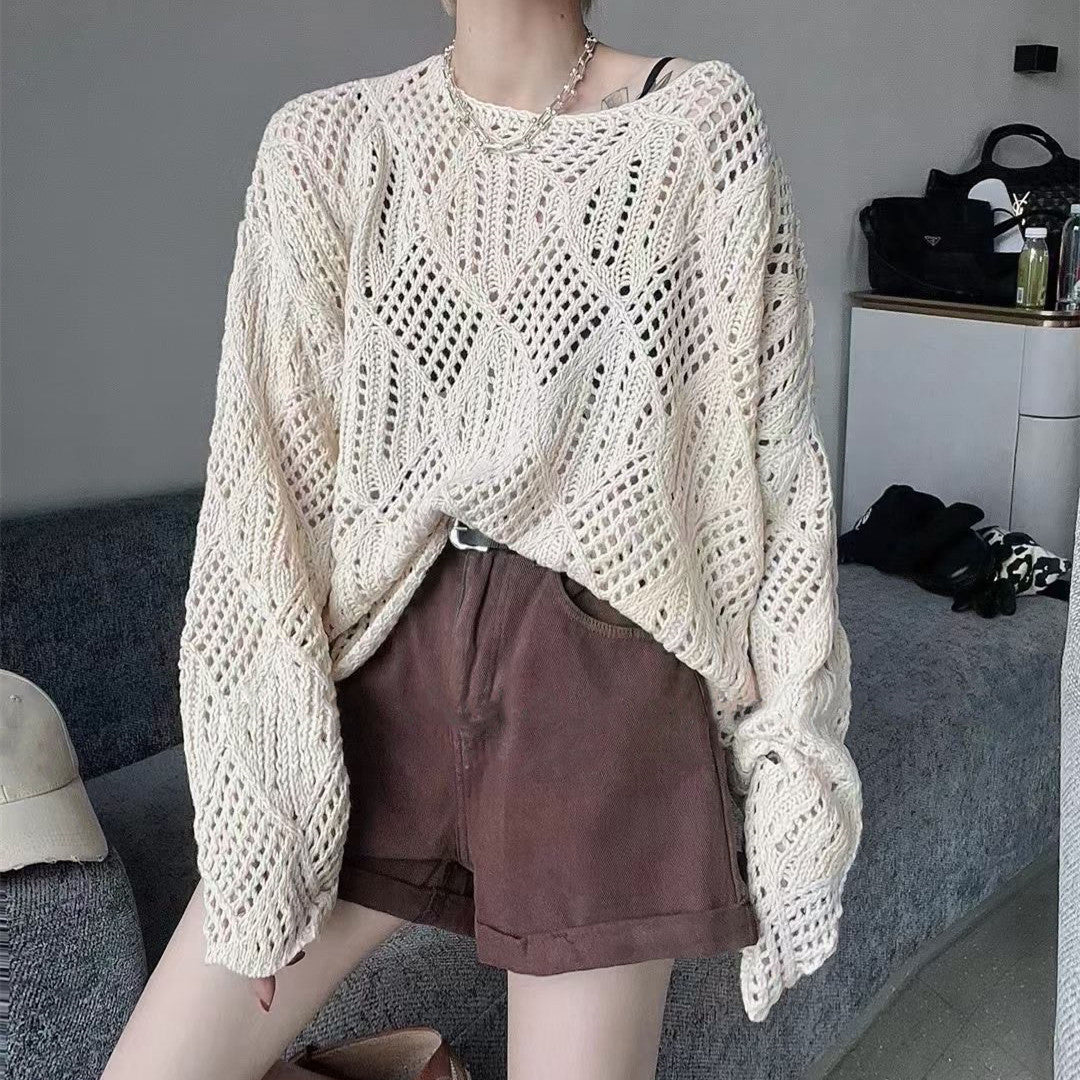 Damen Strickpullover Luftig Netzdesign Beige