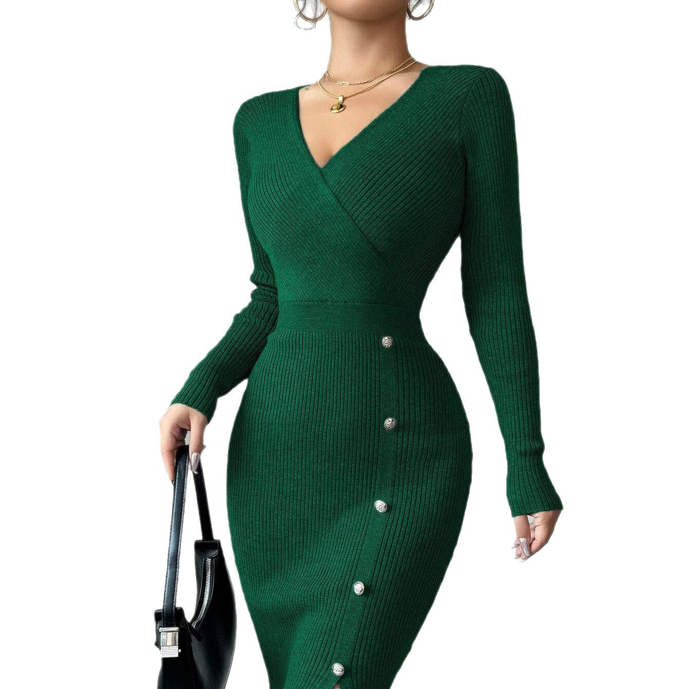 Damen Strickkleid Wickel-Design Dekorative Knöpfe Eveloria