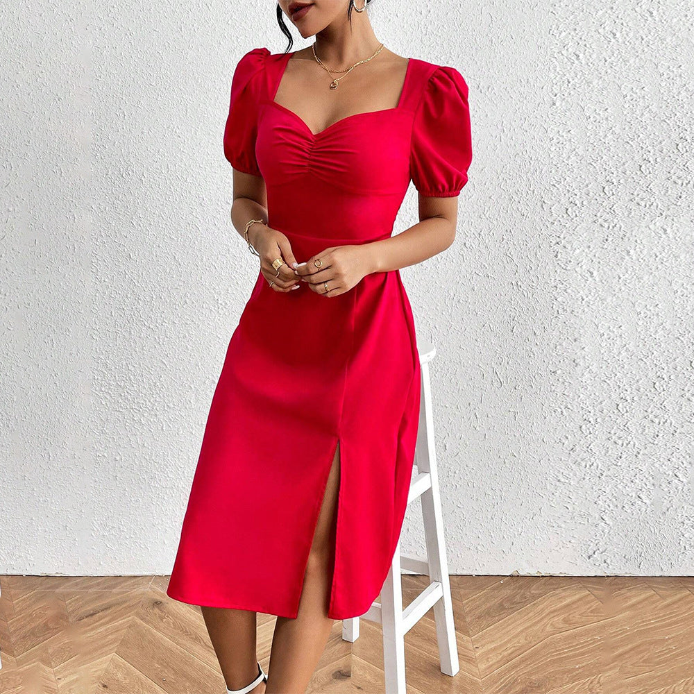 Damen Midi-Kleid Puffärmel Seitenriss Eveloria