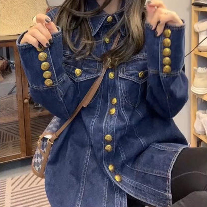 Damen Jeansjacke Mit Goldknöpfen Blau Eveloria