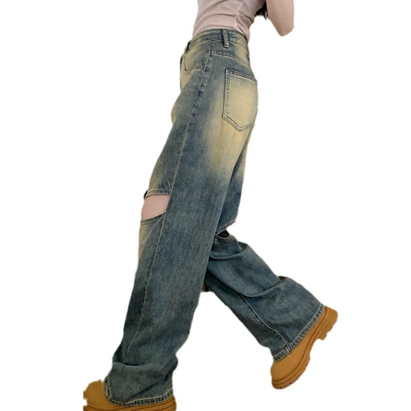 Damen Weite Denim-Hose Asymmetrische Knöpfe Blau Eveloria