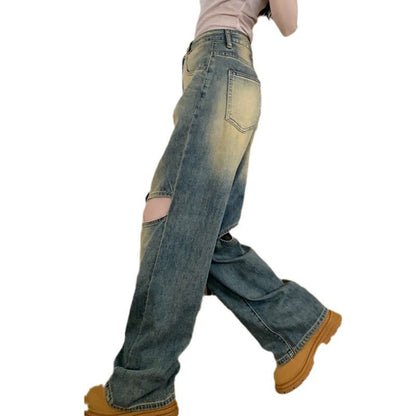 Damen Weite Denim-Hose Asymmetrische Knöpfe Blau Eveloria