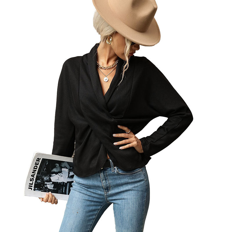 Damen Wickelbluse Strukturiert V-Ausschnitt Elegante Bluse