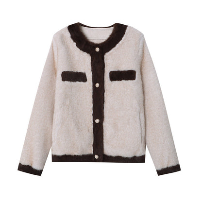 Damen Bouclé-Jacke Kuschelig Dekorative Knöpfe Beige