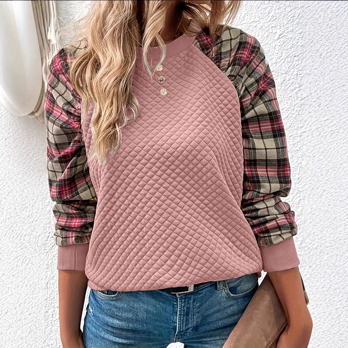 Damen Sweatshirt Gitterstruktur Karierte Ärmel Eveloria