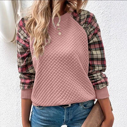 Damen Sweatshirt Gitterstruktur Karierte Ärmel Eveloria