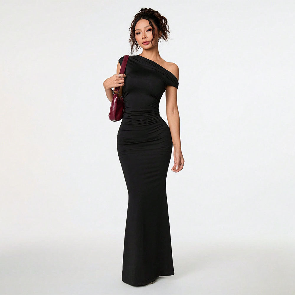Damen Wickelkleid Schulterfrei Rüschen Elegant Schwarz - Eveloria