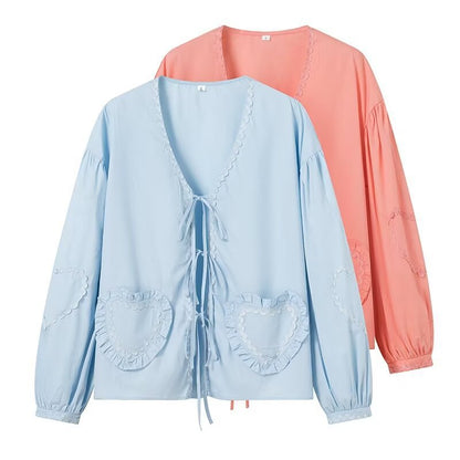 Damen Bluse mit Herz-Applikationen Rüschendetails