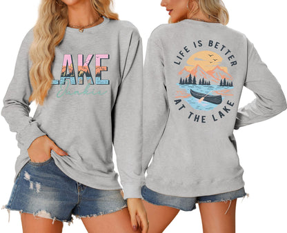 Damen Langarmshirt Lake-Motiv Leicht Baumwolle Weiß