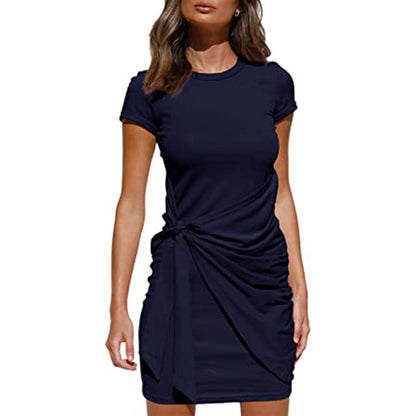Damen Wickelkleid Kurzarm Raffung Knoten Detail Eveloria
