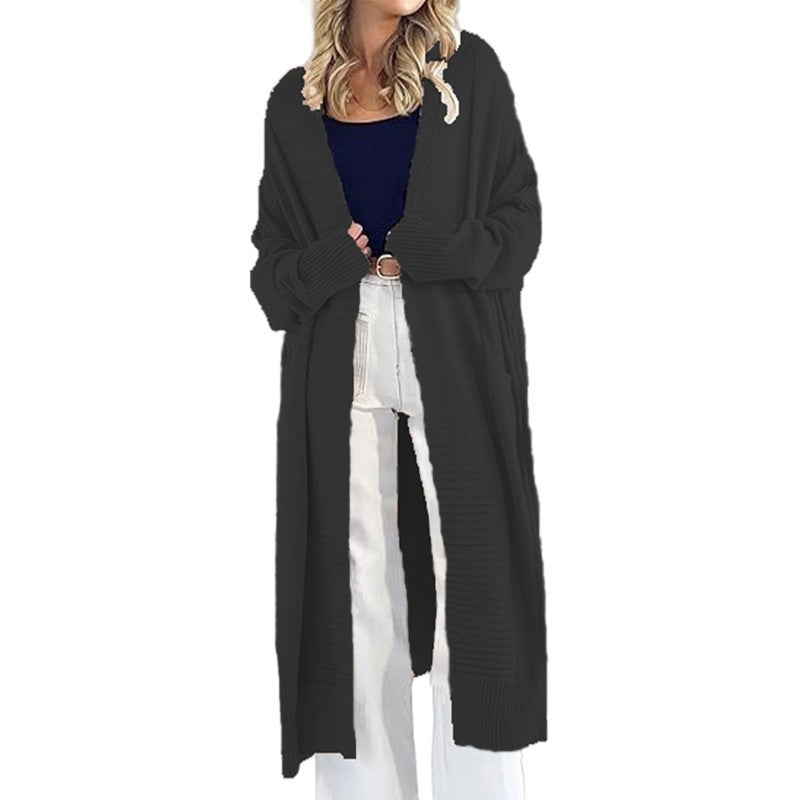 Damen Strickcardigan Lang mit Muster und Taschen Anthrazit