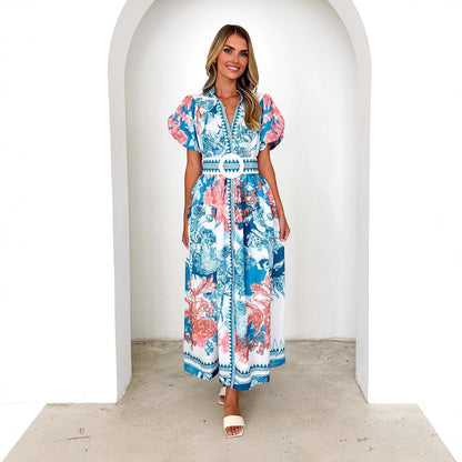 Damen Maxikleid Floralmuster Voluminöse Ärmel Eveloria