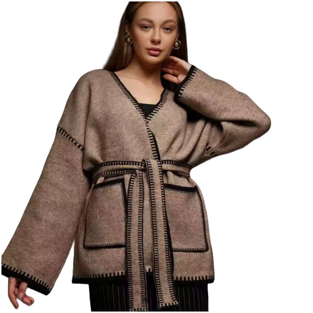 Damen Wickelpullover mit Taschen und Gürtel Elegantes Design Eveloria