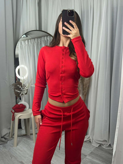 Damen Strickanzug mit Knöpfen Elegant Braun