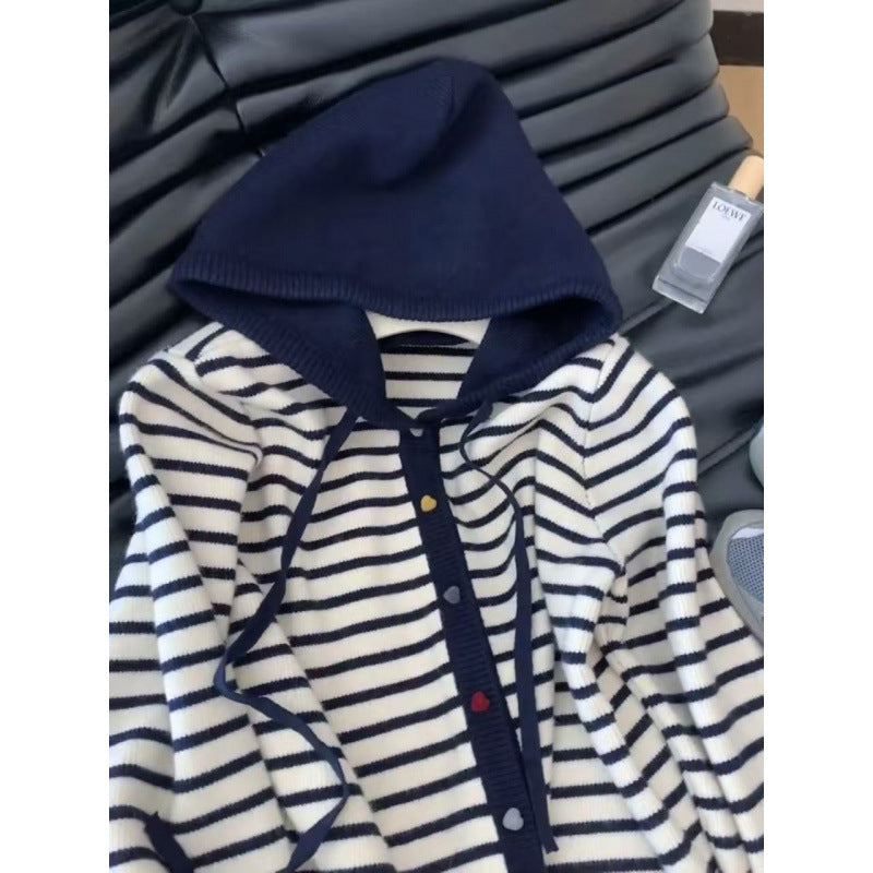 Damen Strickjacke Kapuze Gestreift Eveloria