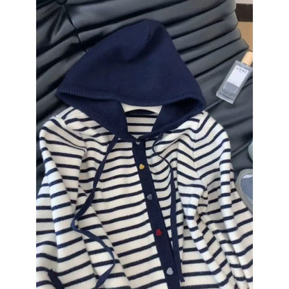 Damen Strickjacke Kapuze Gestreift Eveloria