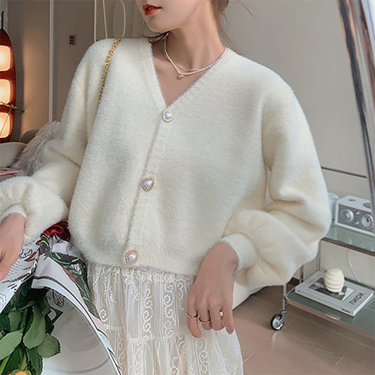 Damen Cardigan V-Ausschnitt Herzknöpfe Rosa - Eveloria