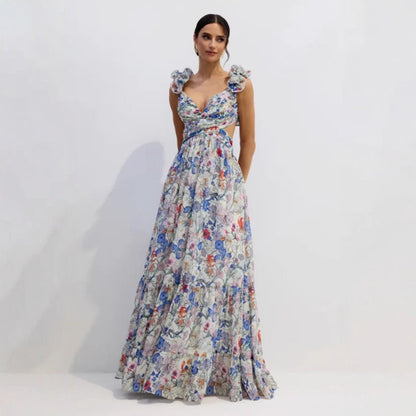 Damen Maxikleid Floralmuster Rüschen