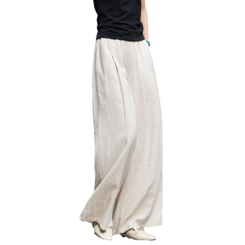 Damen Leinenhose Weit Elegant Elastischer Bund Beige
