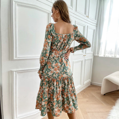Damen Maxikleid Florale Rüschendetails Elegantes Bindeband