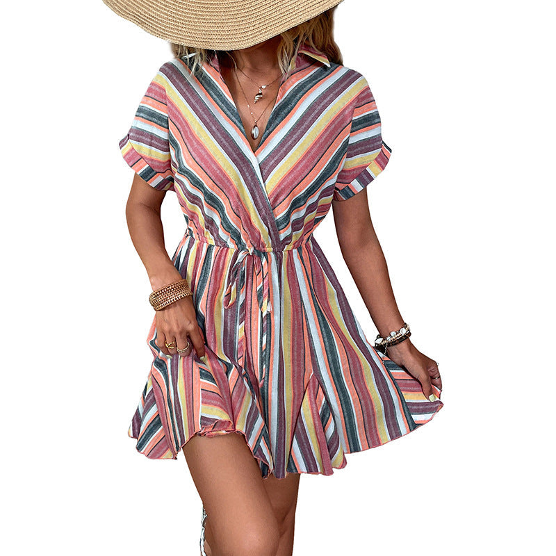 Damen Wickelkleid Bunt Streifenmuster Sommer Elegant