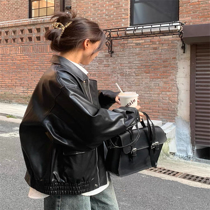 Damen Lederjacke Oversized Ärmel Elastischer Saum Eveloria