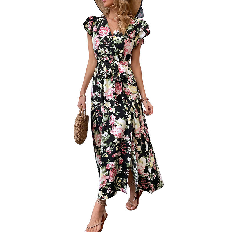Damen Maxikleid Floralmuster Schlitz Taillengürtel