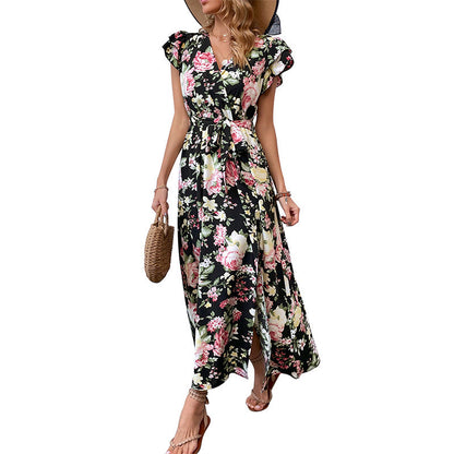 Damen Maxikleid Floralmuster Schlitz Taillengürtel