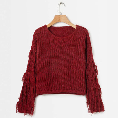 Damen Strickpullover mit Fransen Ärmeln Komfortschnitt