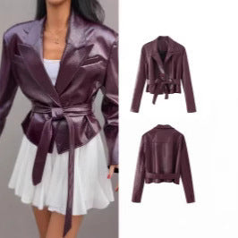 Damen Kunstlederjacke Mit Taillengürtel Schwarz - Eveloria