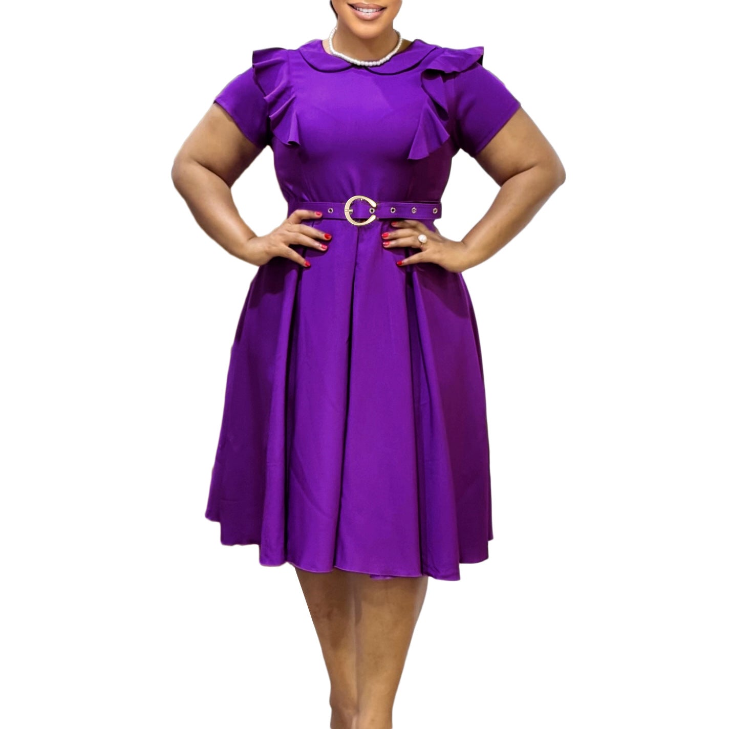 Damen Kleid Rüschendetails Taillierter Gürtel Eveloria