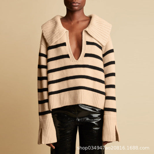 Damen Strickpullover V-Ausschnitt Übergroßer Kragen Anthrazit - Eveloria