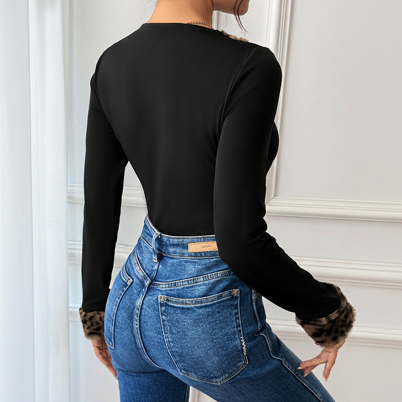 Damen Body Leichtes Leopardenmuster V-Ausschnitt