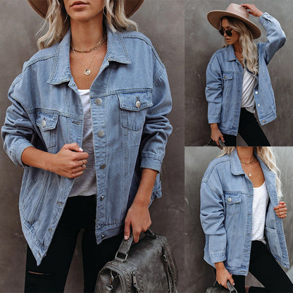 Damen Oversized Denimjacke mit Brusttaschen Blau - Eveloria