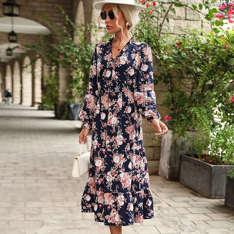 Damen Maxikleid Florales Volantdesign Eveloria