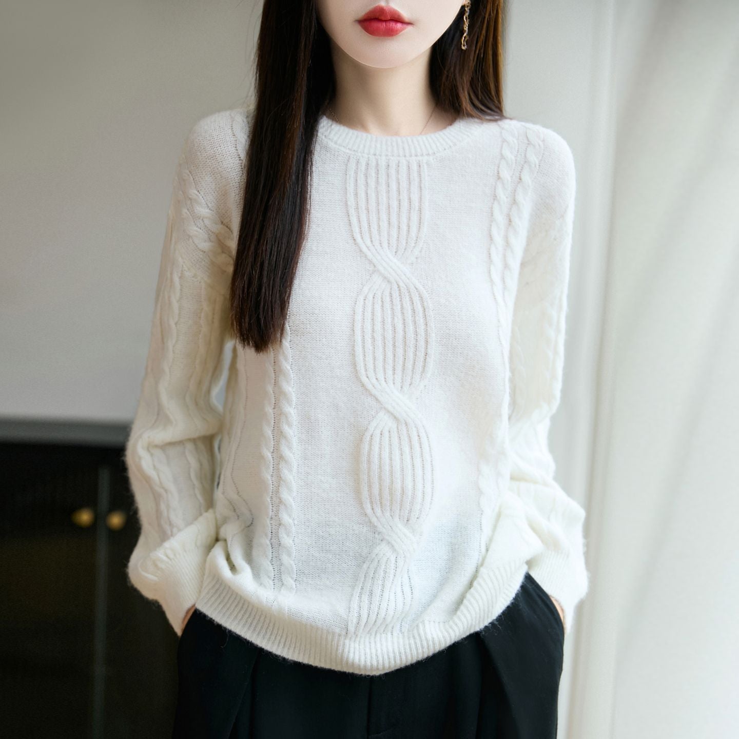 Damen Strickpullover Rundhalsausschnitt Zopfmuster