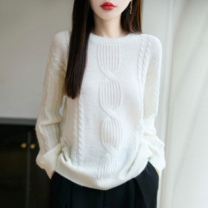 Damen Strickpullover Rundhalsausschnitt Zopfmuster