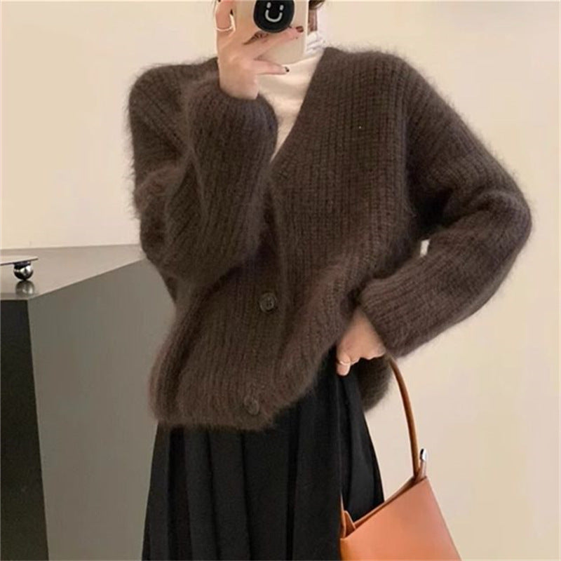 Damen Strickjacke Flausch Lässiger Schnitt Beige