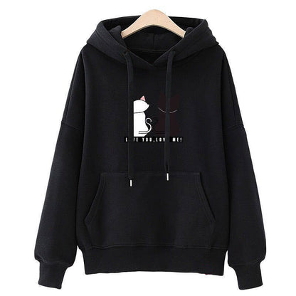 Damen Kapuzenpullover Katzenmotiv Kängurutasche Grau