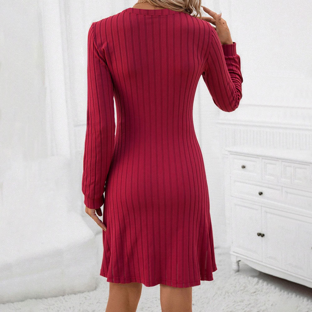 Damen Strickkleid V-Ausschnitt Langer Ärmel Eveloria