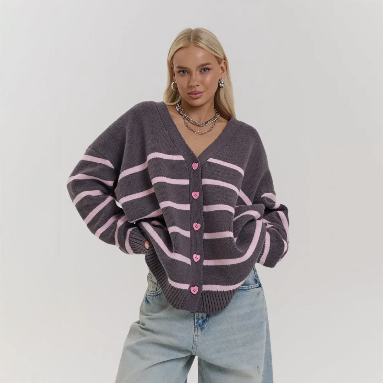Damen Cardigan Grob gestrickt Streifen Muster Eveloria