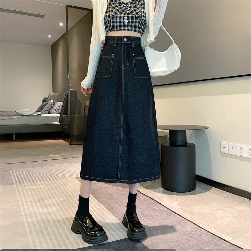 Damen Denim-Rock Lang Mit Taschen Blau Eveloria