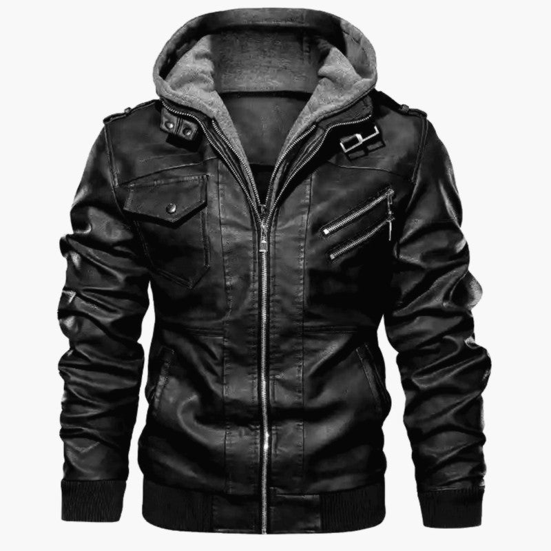 Herren Lederjacke Synthetisch Abnehmbare Kapuze Schwarz - Eveloria